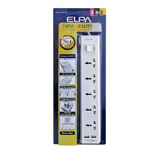 Ổ cắm điện Elpa ESU-VNC53 (5 cổng AC - 2 USB - 1 công tắc)